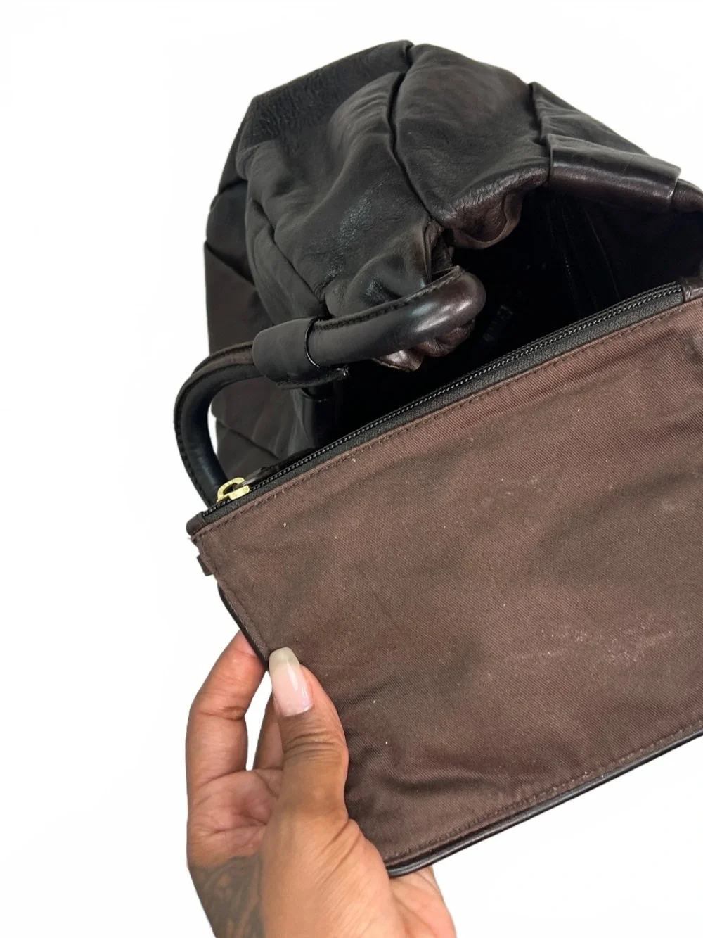 Boss Orange Pleated Leather Hobo Bag Brown Black Shoulder Purse